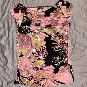 Ruched Pink and Black Floral Blouse